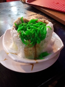 chendol (shaved ice with rice flour jelly worms, red beans, grass jelly, and coconut milk)