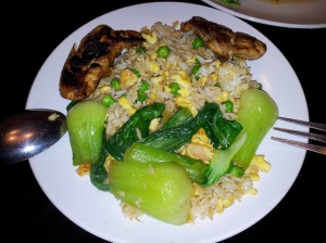 shrimp young chow fried rice with marinated chicken and baby bok choy