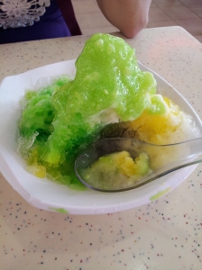 guava ice kachang (shaved ice with jelly, red beans, sweet corn, syrup, and condensed milk)